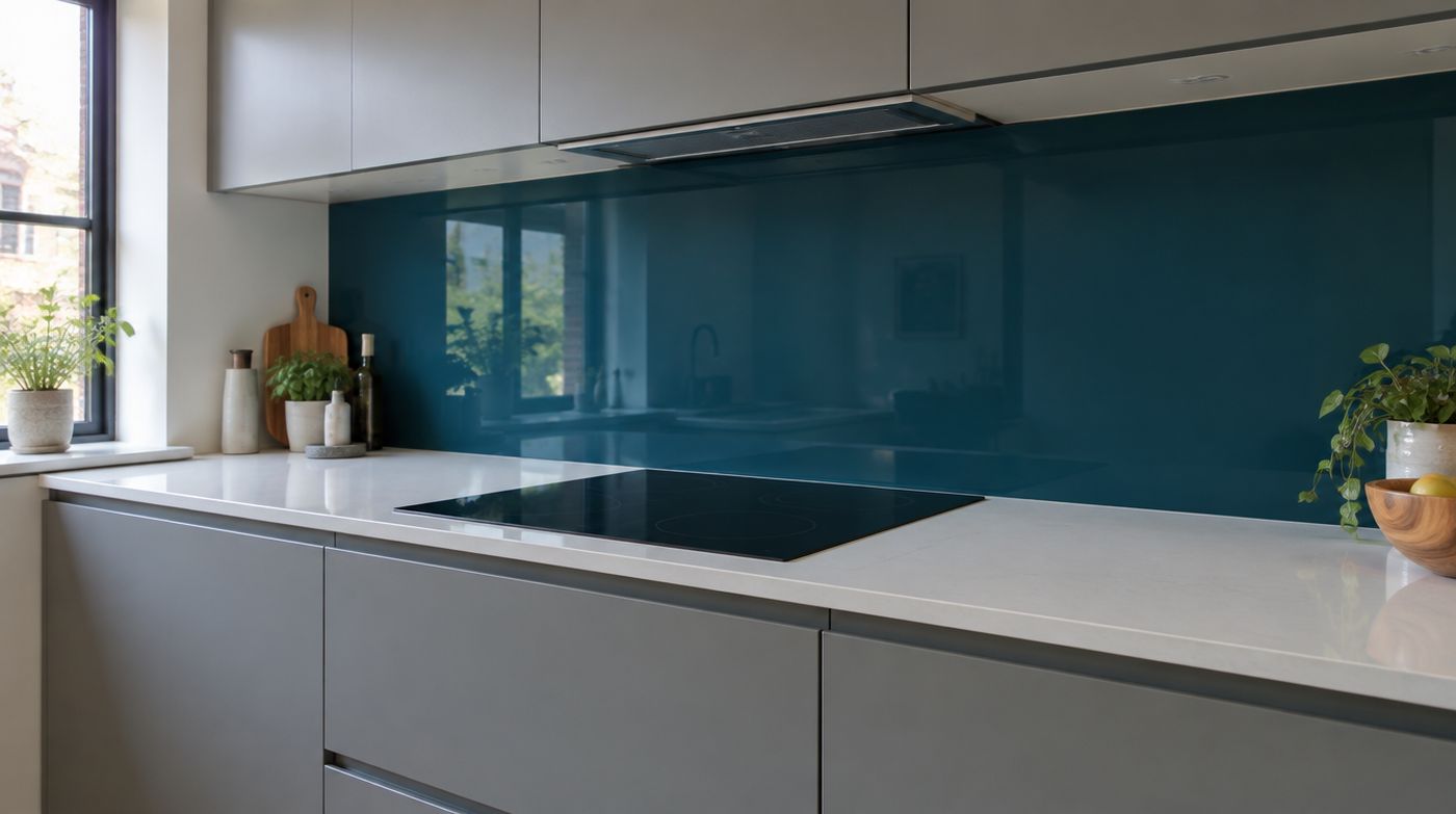 A deep blue back painted glass splashback behind an induction hob, in one continuous joint free pane