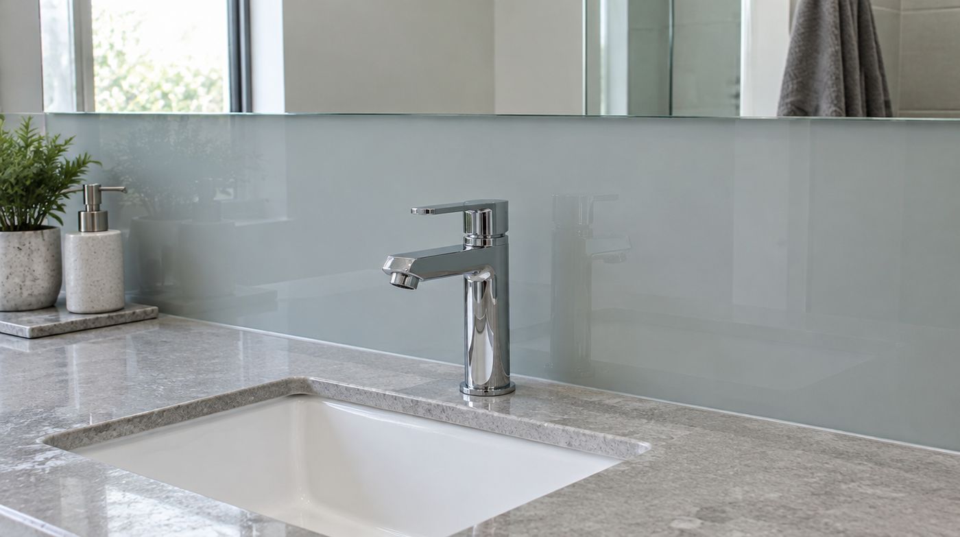 A pale grey glass splashback behind a bathroom basin, running up to a mirror