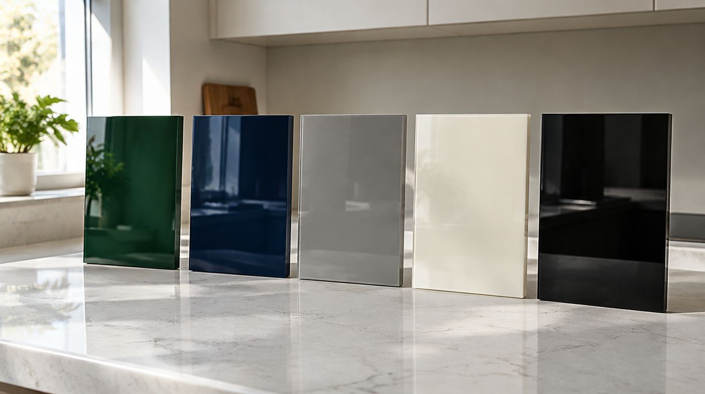 Back painted glass colour samples standing on a kitchen worktop, each catching the light differently