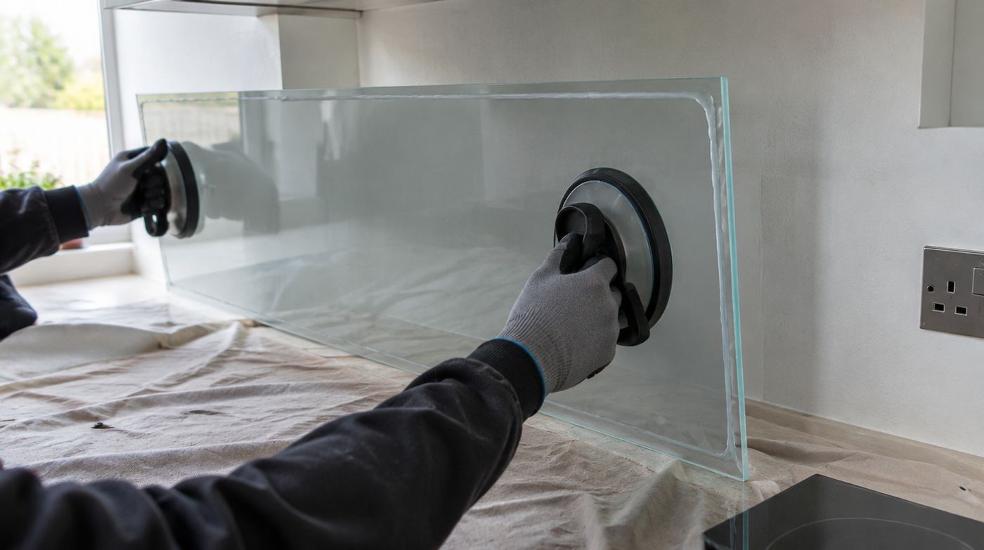 A glass splashback panel on suction cups being offered up to a kitchen wall, adhesive on the back