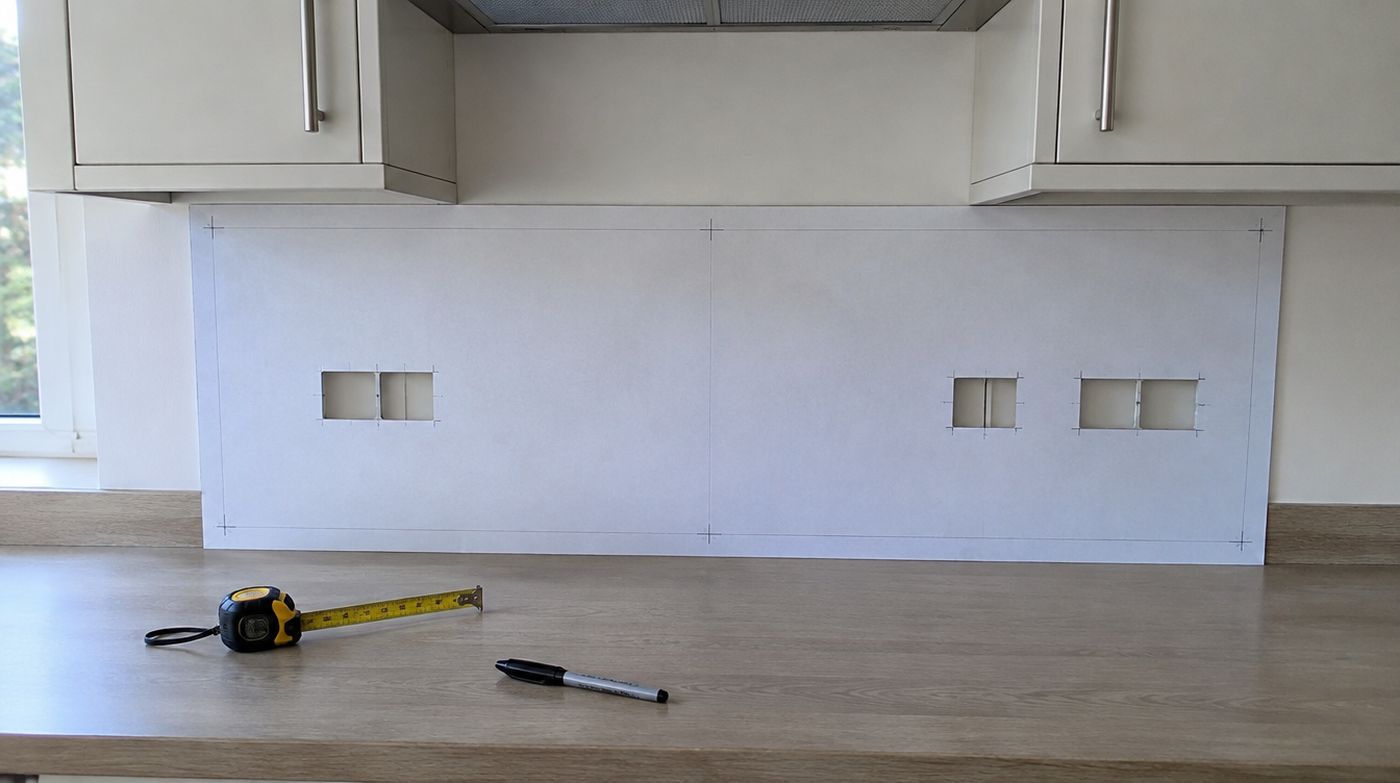 A card template for a kitchen splashback with the socket positions cut out