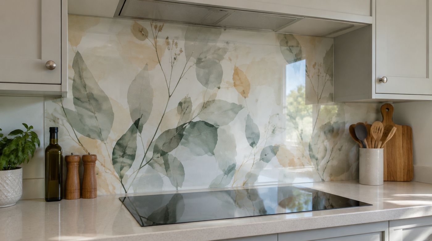 A kitchen splashback printed with a soft abstract botanical pattern behind the worktop