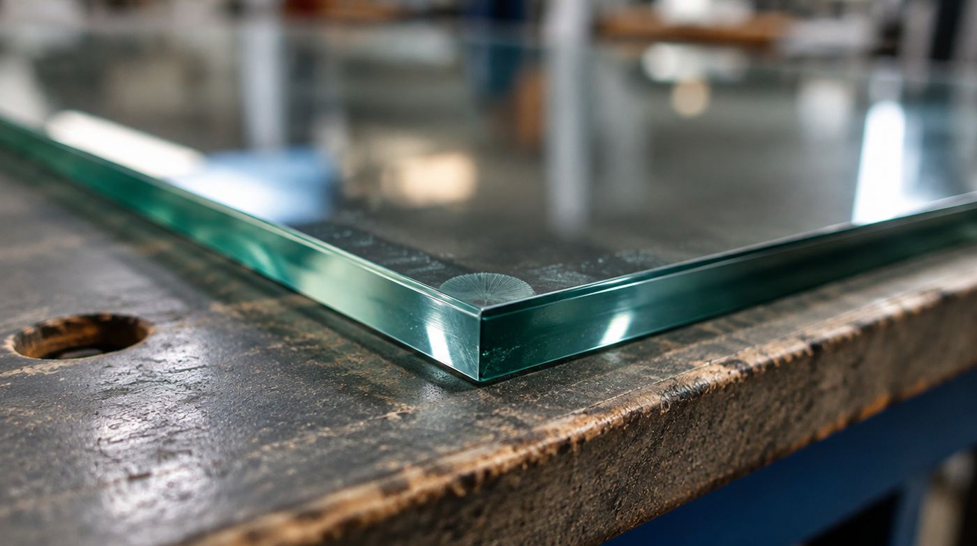 The corner of a toughened glass splashback panel showing the polished edge and toughening mark