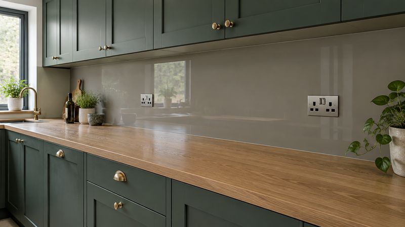 A warm grey glass splashback running the length of a kitchen worktop with two sockets cut into the glass