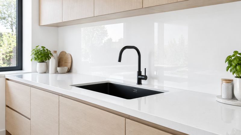 A white low iron glass splashback in a white kitchen, the colour reading clean with no green cast