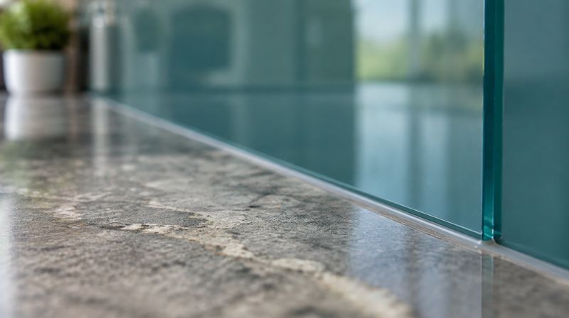 Close detail of the bottom edge of a coloured glass splashback meeting a stone worktop at a thin silicone joint