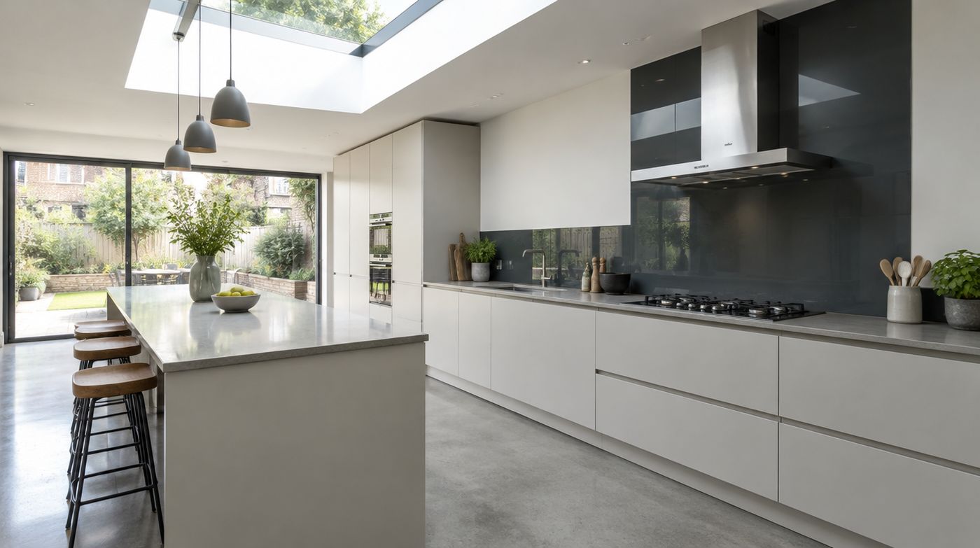 A kitchen extension with a full height dark glass splashback behind the hob rising to the cooker hood