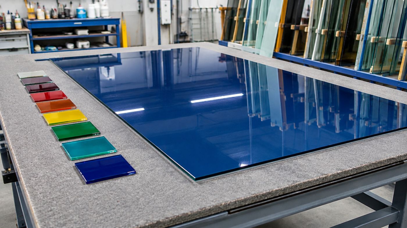 A back painted glass panel on a workshop bench beside a row of painted glass colour samples